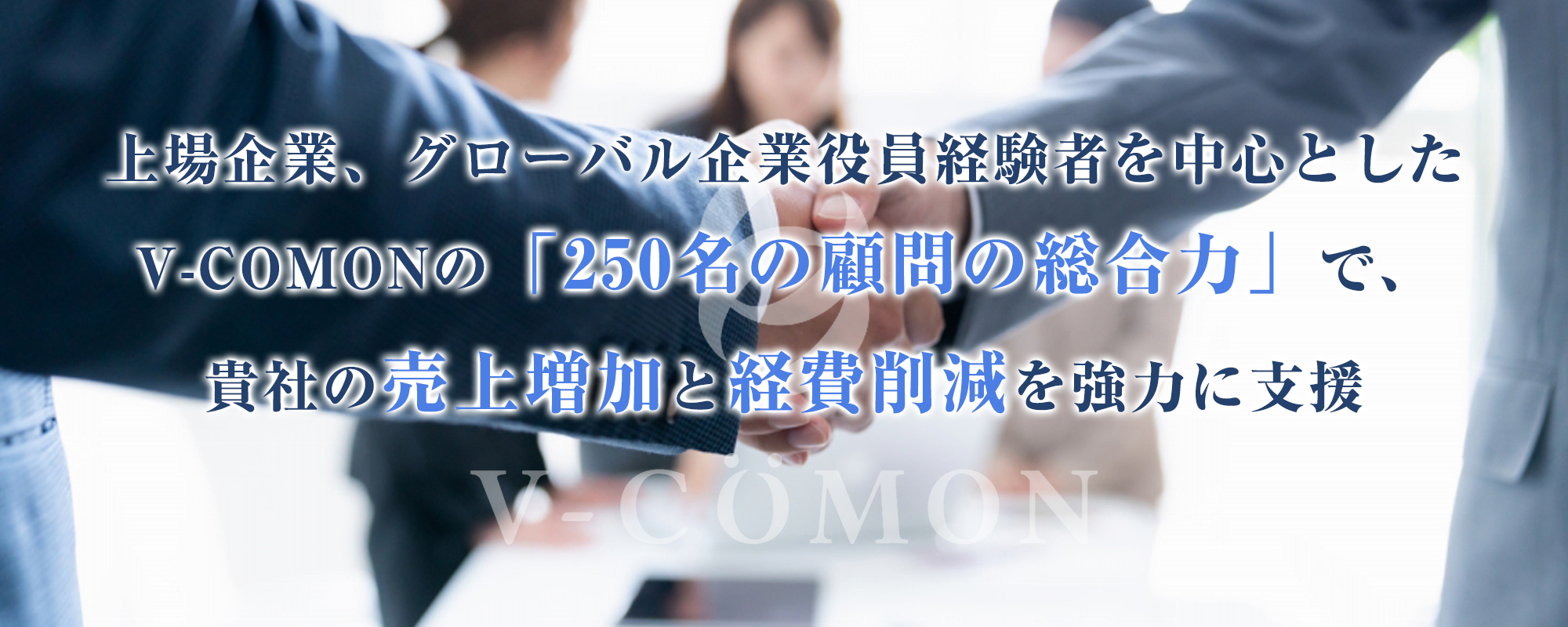 上場企業、グローバル企業役員経験者を中心とした、V-COMONの「250名の顧問の総合力」で、貴社の売上増加と経費削減を強力に支援